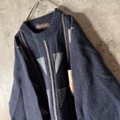 【新品・タグ付】アルパカ 薄手ニット セーター 幾何学模様 紺 丸首 M〜L