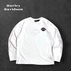 Harley Davidson ハーレーロンT 長袖フレイム刺繍厚手生地ホワイト