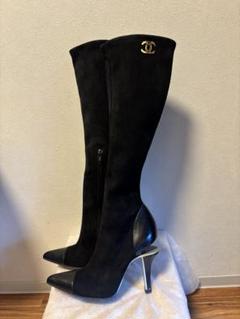 美品★CHANEL・レザー ムートンココマーク ショートブーツ(361/2) 美品】シャネル ロングブーツ ムートン ココマーク レザー 黒