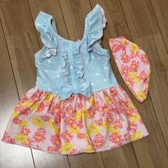 【美品】110 花柄フリル水着＆キャップ
