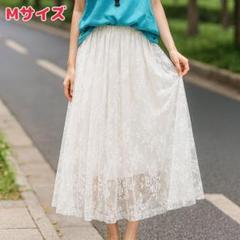 総レース 白 フレアスカート プリーツ風 裏地付き 透け感あり 上品デザイン