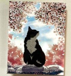 白猫とさくらんぼのキャンバスアート 15cm 猫のイラスト 桜の木の下 キャンバスアート - メルカリ