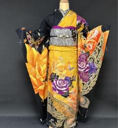 【値下げ】 ゴージャス黒ラメオレンジイエロー薔薇たと蝶の振袖フルセット 着物・浴衣