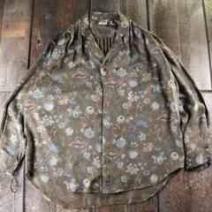 古着　総柄　花柄　開襟シャツ　オーバーサイズ　レーヨンシャツ　オリーブグリーン