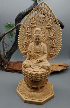 精彫 開運祈願 観音 桧木 仏像 風水縁起物 観音菩薩 蓮華座 高さ28cm