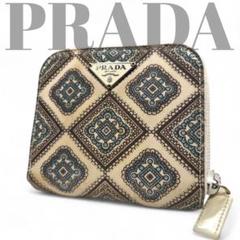 希少 PRADA プラダ 2つ折り ラウンドジップ ペイズリー柄 花柄