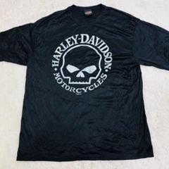 【2XL】ハーレーダビッドソン 両面プリント Tシャツ スカルロゴ しわ加工黒
