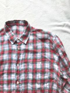 パパス　リネン100 長袖シャツ　チェック　レッド系　サイズ48 美品