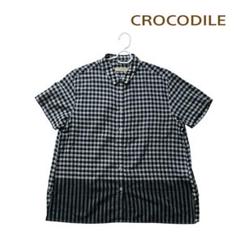 美品 クロコダイル 半袖シャツブラウス チェック柄 ブラック ホワイト
