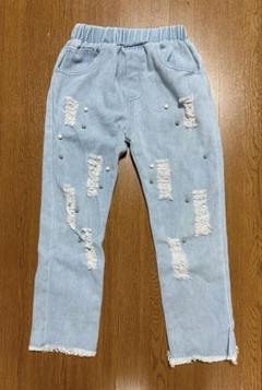 130cm ダメージジーンズ ライトブルーデニムパンツ パール 長ズボン