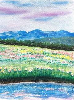 雨あがりの花丘 風景画 B5サイズ 白フレーム付き パステル画