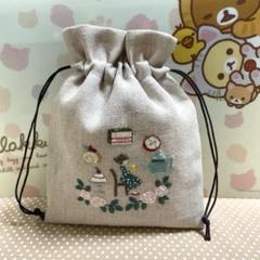 ティータイム（バラ） 巾着　ポーチ　刺繍　ハンドメイド