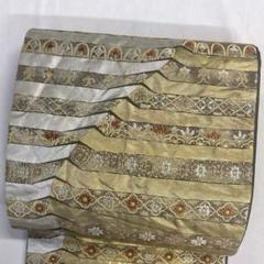 袋帯　横縞　七宝　楕円　菱形　花模様　ゴールド　シルバー　着物　023t