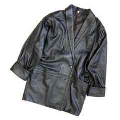 【ビンテージ】牛革レザージャケット 黒 L 裏地チェック柄　昭和レトロ 80s vintage】リブレザージャケット 裏地チェック 本革 牛革