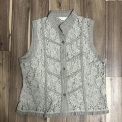 ベージュ 花柄レース ノースリーブベスト 森ガール
