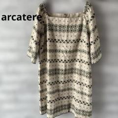 arcatere アルキャトル　ベージュ 刺繍柄 半袖ミニワンピース　麻