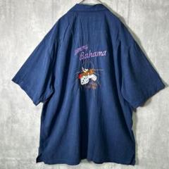 Tommy Bahama シルク バック刺繍 オープンカラーシャツ 紺 カジノ