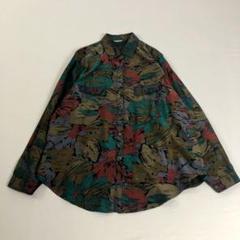 昭和レトロボタニカル柄長袖シャツブラウス手書き風カラフルカーキ古着