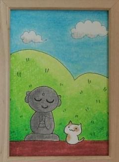 フォトスタンド入りイラスト／お地蔵さんとねこ