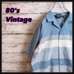 【オープンカラー】70's80'sヴィンテージ開襟擦りストライプ総柄アロハシャツ