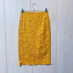 【美品】GU タイトスカート　膝丈スカート　花柄　山吹色　a1640