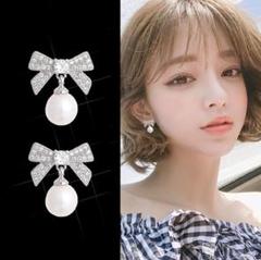アクセサリー ピアス リボン シルバー ストーン キラキラ パール レディース