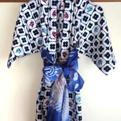 男子浴衣セット　魚と幾何学模様100cmと青色絞り兵児帯