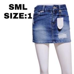 SML レースライン デニムミニスカート ダメージ加工 Size:1