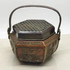 古い手炙り 手炉 香炉 火鉢 銅製 透かし 花文様 蓋付き 手提げ 骨董 レトロ 古い手炙り 手炉 香炉 火鉢 銅製 透かし 花文様 蓋付き 手提げ