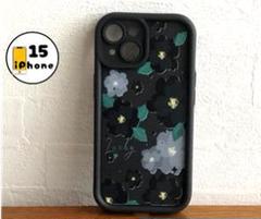 iPhone15 ケース　カバー　スマホケース　黒　花