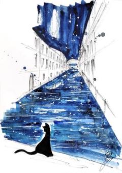 原画#3658 黒猫　フィレンツェ　夕暮れ　水彩画　ドローイング　絵画　イタリア 原画#3918 黒猫 星空 ベネチア 水彩画 ドローイング アート 絵