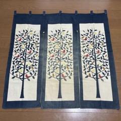 昭和レトロ　木と鳥のデザイン　のれん リメイク　藍色