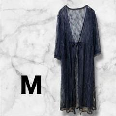 707　シースルー　レース　ロングカーディガン　ネイビー　七分袖　M