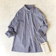 美品✨45R 長袖シャツ 千鳥柄 ネイビー 丸襟 R刺繍 日本製 サイズ3