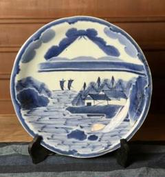 古伊万里　染付　富士山　変形小皿　型紙摺　江戸時代　笹　竹　骨董　アンティーク 古伊万里 染付 変形小皿 富士山 江戸時代 松原 骨董 金継ぎ