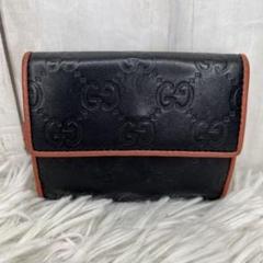 GUCCI シマ レザー 折り財布 レザー GG ブラック オレンジ 三つ折り