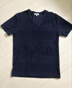 ネイビー チェック柄 Vネック Tシャツ　M