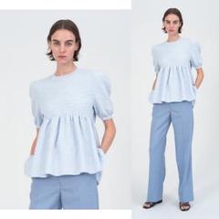 Drawer*24SS フクレジャガードニット トップス ペプラム ライトブルー Drawer*24SS フクレジャガードニット トップス ペプラム ライト