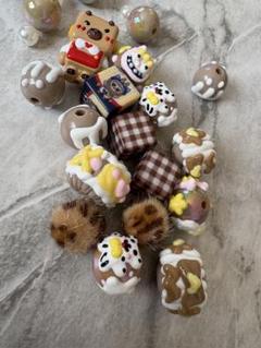 ブラウンビーズセット ラブブ シーサー カピバラ メタル ヒョウ柄