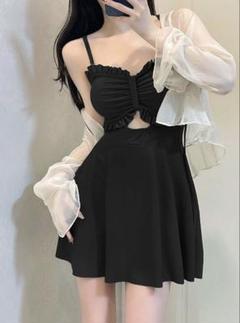 水着♡レディース　ワンピース　可愛い　体型カバー　夏　黒　リボン　XL