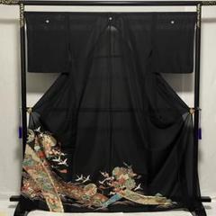 D199 夏着物 黒留袖 桐紋 鶴 流水 鼓 華文 絽 ポリエステル 極美