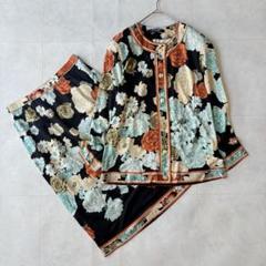 【美品】LEONARDシルク　セットアップ　トリム　花柄　ネイビー　大きいサイズ 極美品✨ LEONARD シルク混 花柄 フラワー ブラウス トリム 長袖