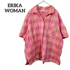 ERIKA 半袖ピンクチェックシャツ ビタミンカラー カラフル 派手