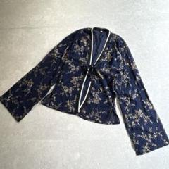 チャイナ服 シアー 花柄プリント 羽織り 長い袖 リボン 透け感 ネイビー 衣装