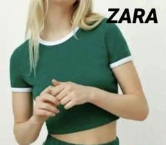 【ZARA】 シンプル クロップドTシャツ M グリーン 半袖のサムネイル