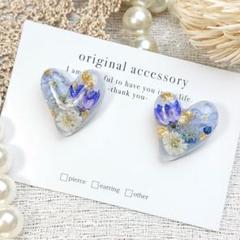 #3881/ハンドメイド♡押し花ドライフラワーレジンピアス ブルー