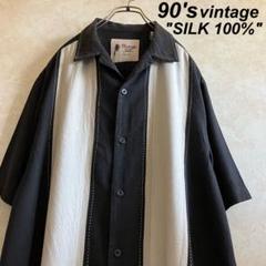 90's 古着 シルク切り替え ハンドステッチオープンカラーシャツ 黒
