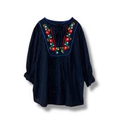 チェスティ　花柄刺繍ブラウス　ネイビー　フリー　コットン　五分袖　袖ギャザー