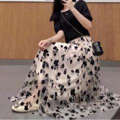 L スカート ベージュ レディース 【大人気】花柄 韓国 シアー チュール