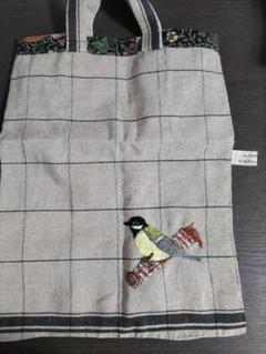 夏セールハンドメイド リネン エコバッグ シジュウカラ刺繍 チェック柄